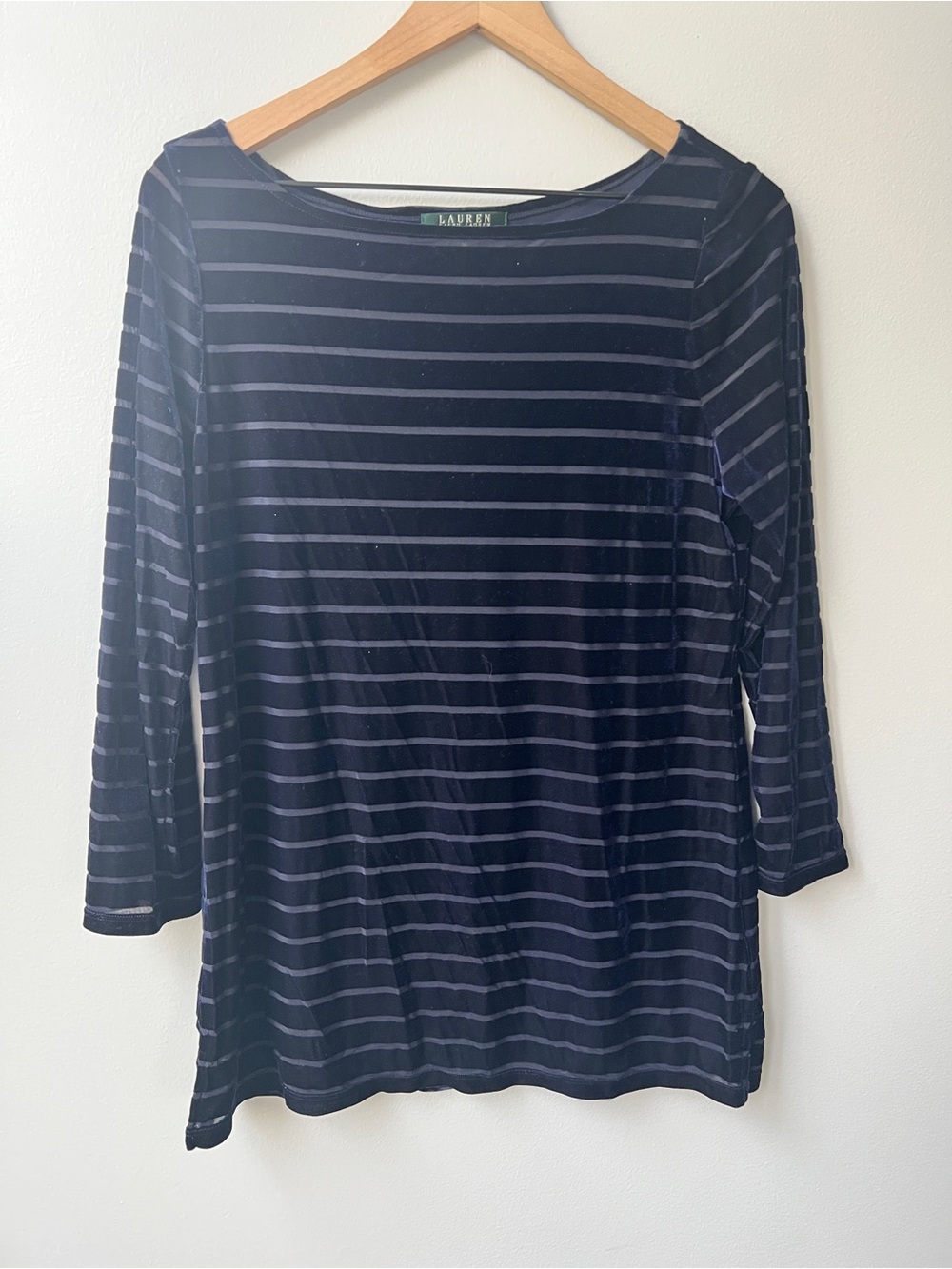 Ralph Lauren Navy Blue Stripe Sculptured Burnout Velvet Tunic Top Petite Large